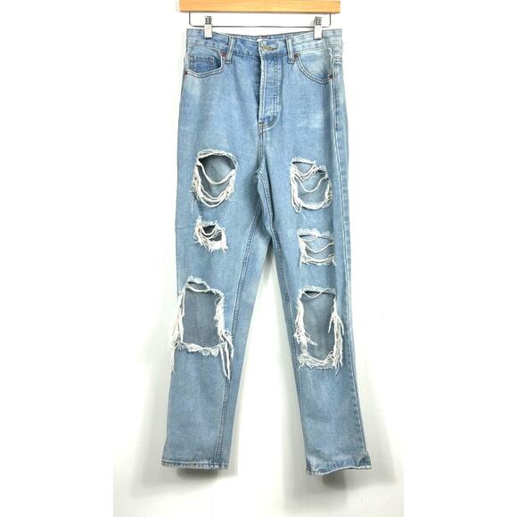 SONG Classic Mom Jeans Womens 3 Button Fly Distressed Ripped Light Wash - Picture 1 of 10